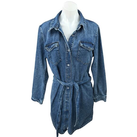 Habitual Blue Denim Button Down Long Sleeve Tie Waist Belted Mini Jeans Dress L - Picture 1 of 5